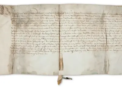 Altes Pergamentdokument mit handgeschriebener Schrift. Mittelalterlicher Text auf gealtertem Papier mit Siegelband.