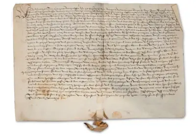 Altes handschriftliches Dokument mit Siegel, historisches Schriftstück auf vergilbtem Papier, mittelalterliche Kalligraphie.