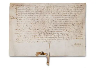Alte handgeschriebene Urkunde mit Siegel, mittelalterliches Dokument aus Pergament mit kunstvoller Schrift und antikem Charme.