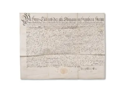 Historisches Dokument mit altertümlicher Schrift und Siegel auf antikem Papier, möglicherweise Urkunde oder Vertrag.