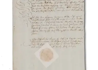 Historisches Manuskript mit handgeschriebener Kalligraphie und Siegel auf beigem Papier.