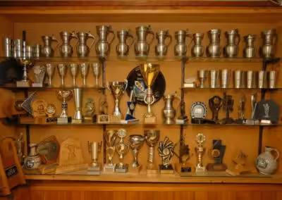 Voller Trophäenschrank mit Pokalen und Auszeichnungen, zeigt sportliche Erfolge und Leistungen in einer Sammlung.