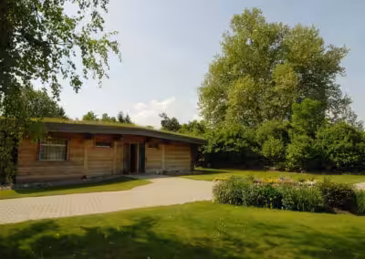 Holzhütte im grünen Garten mit blühenden Sträuchern und großem Baum im Hintergrund an einem sonnigen Tag.