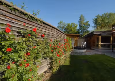 Garten mit blühenden roten Rosen an Holzwand, Sauna im Hintergrund unter blauem Himmel.